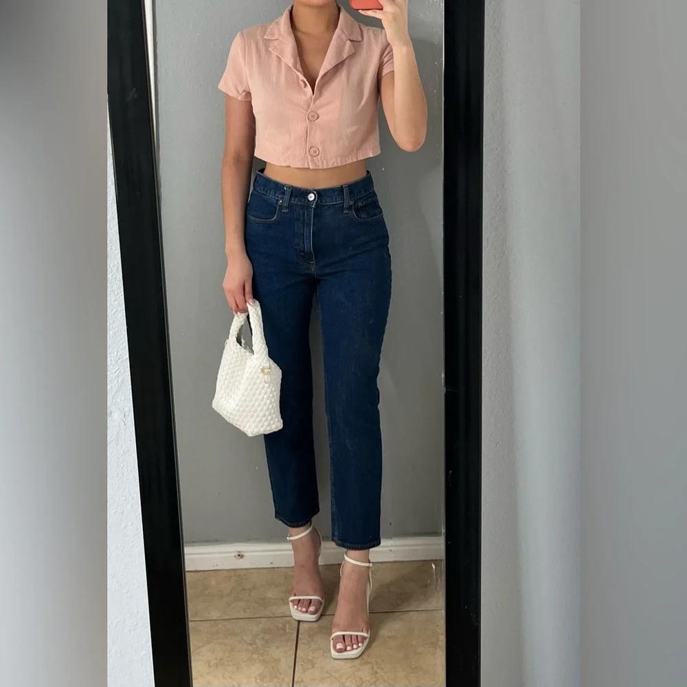 Light pink salmon cotton SS button up collared euro summer casual prep crop top - Picture 2 of 10